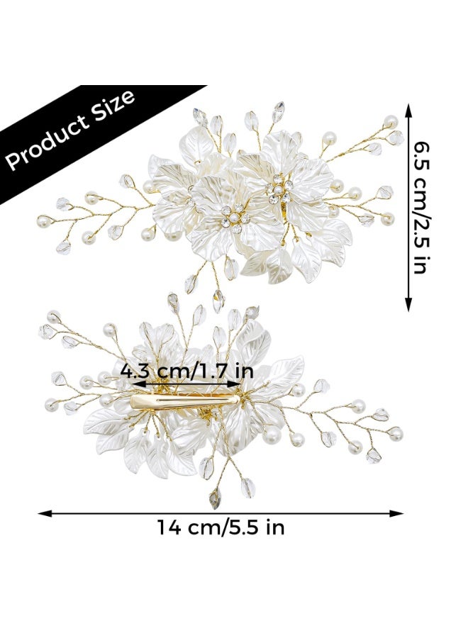 2Pcs Flower Wedding Hair Clips Bride Pearl Hair Barrettes White Floral Rhinestone Crystal Leaf Vine Headpiece Bridal Wedding Hair Accessories for Women Girls - Image 2